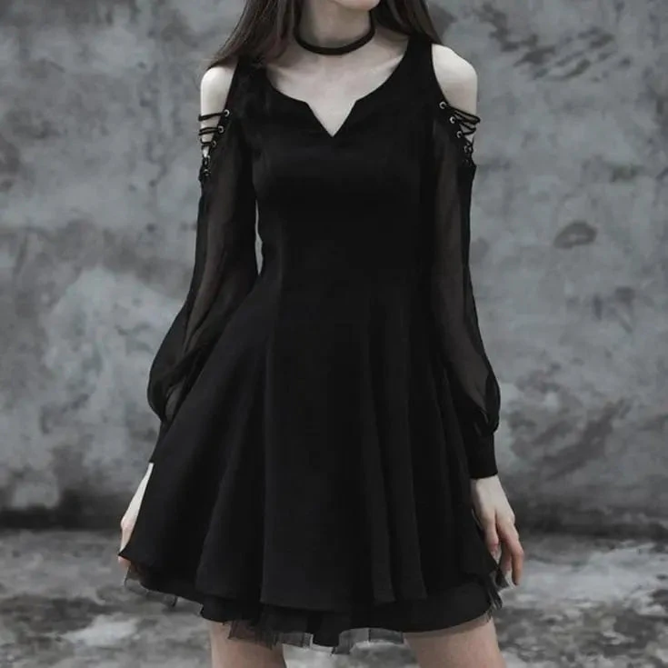 Gothic Cold Shoulder Mesh Sleeve V Neck Dress EG267 1 Gothic Cold Shoulder Mesh Sleeve V Neck Dress EG267