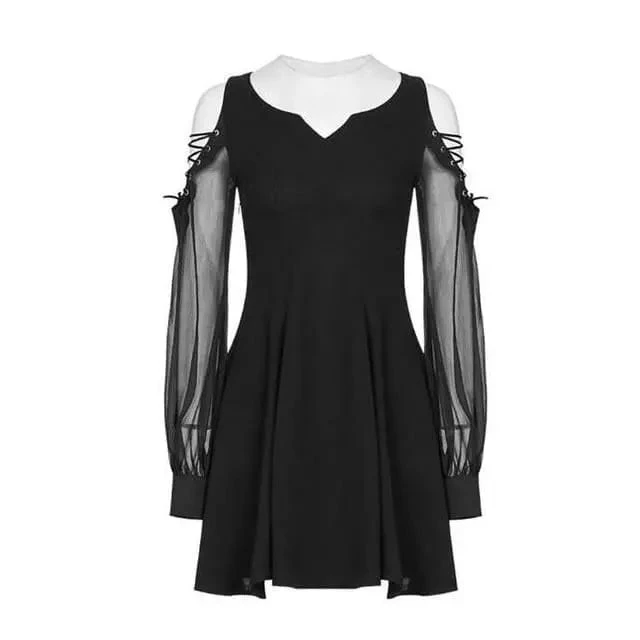 Gothic Cold Shoulder Mesh Sleeve V Neck Dress EG267 2 Gothic Cold Shoulder Mesh Sleeve V Neck Dress EG267 - Image 2