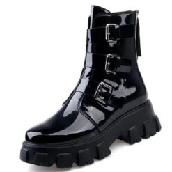 Gothic Cyberpunk Patent/PU Leather Triple Buckle Boots EG0155
