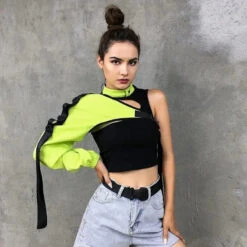 Gothic Cyberpunk Streetwear Reflective One Shoulder Sleeve Outerwear (Available In 3 Colors) EG381 -EgrilDoll Fashion Outlet Store gothic cyberpunk streetwear reflective one shoulder sleeve outerwear available in 3 120