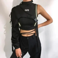 Gothic Cyberpunk Streetwear Reflective One Shoulder Sleeve Outerwear (Available In 3 Colors) EG381 -EgrilDoll Fashion Outlet Store gothic cyberpunk streetwear reflective one shoulder sleeve outerwear available in 3 746