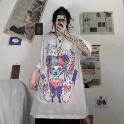 Gothic Dark Yami Kawaii Mask Doll Oversized Shirt (Available In 3 Colors) EG262 -EgrilDoll Fashion Outlet Store gothic dark yami kawaii mask doll oversized shirt available in 3 colors eg262 white m t 262