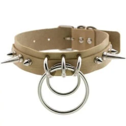 Gothic Double O-Ring Spikes Choker Necklace (Available In 16 Colors) EG105 -EgrilDoll Fashion Outlet Store gothic double o ring spikes choker necklace available in 16 colors eg105 begie 523