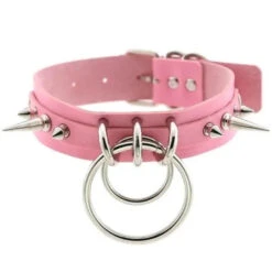 Gothic Double O-Ring Spikes Choker Necklace (Available In 16 Colors) EG105 -EgrilDoll Fashion Outlet Store gothic double o ring spikes choker necklace available in 16 colors eg105 pink 649