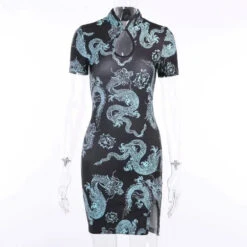 Gothic Dragon Print Cheongsam Summer Bodycon Slit Mini Dress EG204 -EgrilDoll Fashion Outlet Store gothic dragon print cheongsam summer bodycon slit mini dress eg204 605
