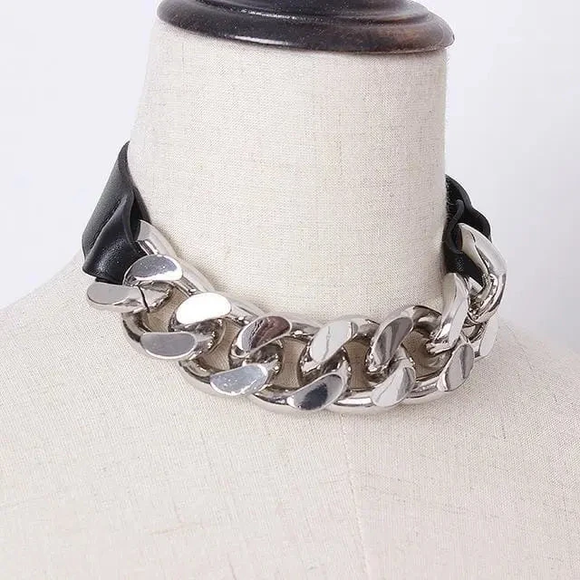 Gothic Faux Leather Thick Chain Choker Necklace EG0206 1 Gothic Faux Leather Thick Chain Choker Necklace EG0206