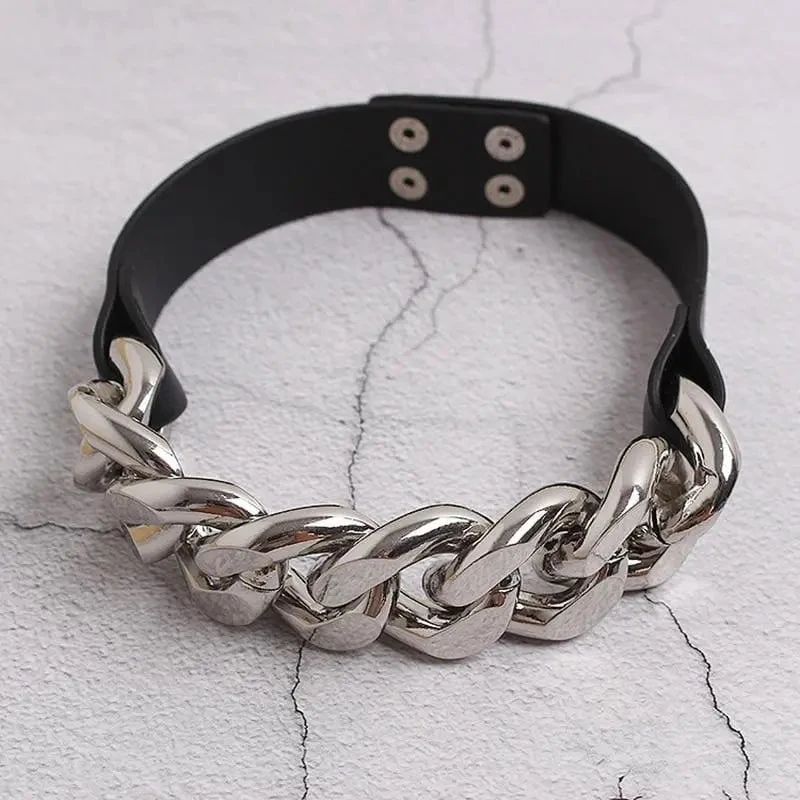 Gothic Faux Leather Thick Chain Choker Necklace EG0206 2 Gothic Faux Leather Thick Chain Choker Necklace EG0206 - Image 2