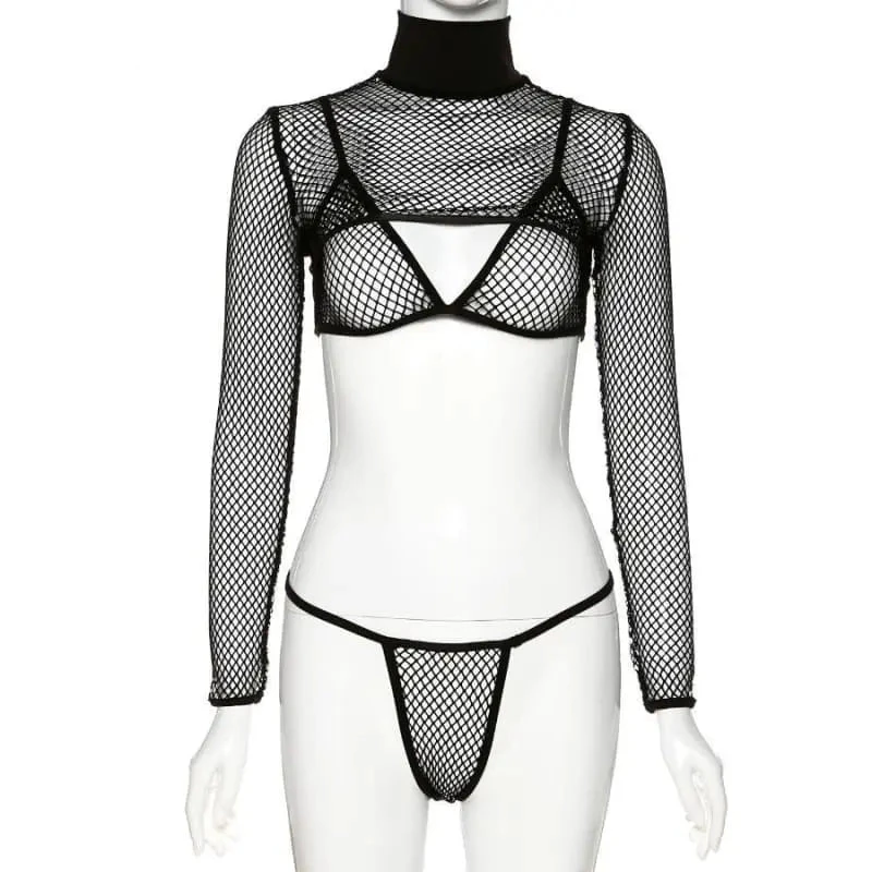 Gothic Fishnet Mesh Bolero Bra Top And Thong Set EG159 3 Gothic Fishnet Mesh Bolero Bra Top And Thong Set EG159 - Image 3