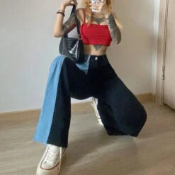 Gothic Grunge Black Blue Parchwork Jeans Pants EG17041 -EgrilDoll Fashion Outlet Store gothic grunge black blue parchwork jeans pants eg17041 938