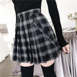 Gothic Grunge Black Gray Plaid Pleated Skirt EG276