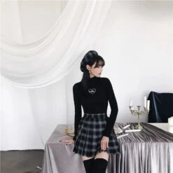 Gothic Grunge Black Gray Plaid Pleated Skirt EG276 -EgrilDoll Fashion Outlet Store gothic grunge black gray plaid pleated skirt eg276 696