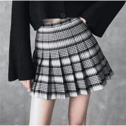 Gothic Grunge Black & White Plaid Pleated Mini Skirt (Available In Plus Size) EG0234