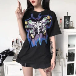 Gothic Grunge Butterfly Print Oversized Shirt Top EG362 -EgrilDoll Fashion Outlet Store gothic grunge butterfly print oversized shirt top eg362 t 411