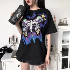 Gothic Grunge Butterfly Print Oversized Shirt Top EG362 -EgrilDoll Fashion Outlet Store gothic grunge butterfly print oversized shirt top eg362 t 725