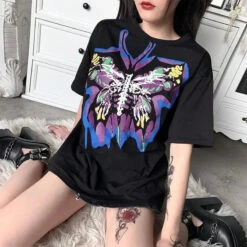 Gothic Grunge Butterfly Print Oversized Shirt Top EG362