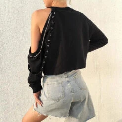 Gothic Grunge Cold Shoulder Grommet Chain Strap Pullover Top EG284 -EgrilDoll Fashion Outlet Store gothic grunge cold shoulder grommet chain strap pullover top eg284 221