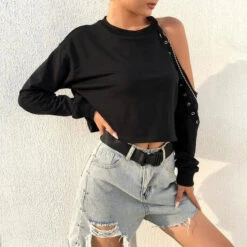 Gothic Grunge Cold Shoulder Grommet Chain Strap Pullover Top EG284 -EgrilDoll Fashion Outlet Store gothic grunge cold shoulder grommet chain strap pullover top eg284 284