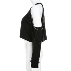 Gothic Grunge Cold Shoulder Grommet Chain Strap Pullover Top EG284 -EgrilDoll Fashion Outlet Store gothic grunge cold shoulder grommet chain strap pullover top eg284 896