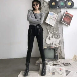 Gothic Grunge Double Lace Up Skinny Pants EG071 -EgrilDoll Fashion Outlet Store gothic grunge double lace up skinny pants eg071 pant 425