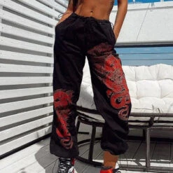 Gothic Grunge Double Red Dragon Print Pants EG0275