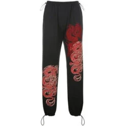 Gothic Grunge Double Red Dragon Print Pants EG0275 -EgrilDoll Fashion Outlet Store gothic grunge double red dragon print pants eg0275 black s 288
