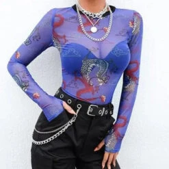 Gothic Grunge Dragon Print Blue Mesh Top EG0281