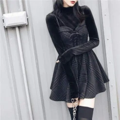Gothic Grunge Gray Plaid Lace Up Sling Strap Dress EG471