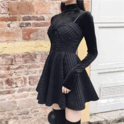 Gothic Grunge Gray Plaid Lace Up Sling Strap Dress EG471 -EgrilDoll Fashion Outlet Store gothic grunge gray plaid lace up sling strap dress eg471 651
