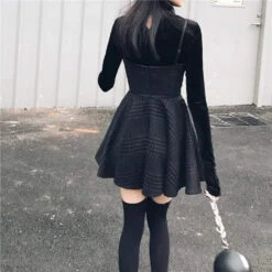 Gothic Grunge Gray Plaid Lace Up Sling Strap Dress EG471 -EgrilDoll Fashion Outlet Store gothic grunge gray plaid lace up sling strap dress eg471 768
