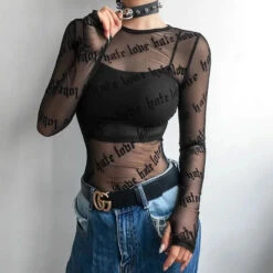 Gothic Grunge LOVE HATE Mesh Top EG0318 -EgrilDoll Fashion Outlet Store gothic grunge love hate mesh top eg0318 989