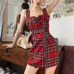 Gothic Grunge Plaid/Plain Zipper Dress EG026 -EgrilDoll Fashion Outlet Store gothic grunge plaidplain zipper dress eg026 red s 949