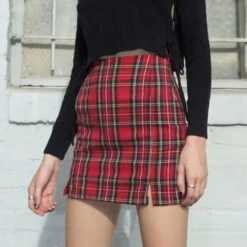 Gothic Grunge Red Black Plaid Pencil Mini Skirt EG0343