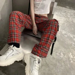 Gothic Grunge Red Plaid Pants EG077 -EgrilDoll Fashion Outlet Store gothic grunge red plaid pants eg077 pant 128