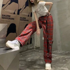 Gothic Grunge Red Plaid Pants EG077 -EgrilDoll Fashion Outlet Store gothic grunge red plaid pants eg077 pant 247