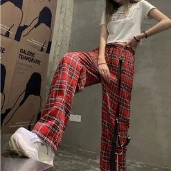 Gothic Grunge Red Plaid Pants EG077 -EgrilDoll Fashion Outlet Store gothic grunge red plaid pants eg077 pant 690