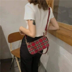 Gothic Grunge Red Plaid Small Shoulder Bag EG443