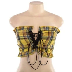 Gothic Grunge Ruffle Plaid Lace Up Tube Top EG045 -EgrilDoll Fashion Outlet Store gothic grunge ruffle plaid lace up tube top eg045 yellow s 431