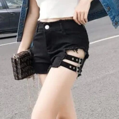 Gothic Grunge Sexy Side Strap Denim Shorts EG296 -EgrilDoll Fashion Outlet Store gothic grunge sexy side strap denim shorts eg296 black s 518