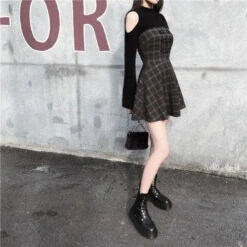 Gothic Grunge Triple Buckle Gray Plaid Tube Mini Dress EG092 -EgrilDoll Fashion Outlet Store gothic grunge triple buckle gray plaid tube mini dress eg092 259
