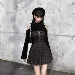 Gothic Grunge Triple Buckle Gray Plaid Tube Mini Dress EG092 -EgrilDoll Fashion Outlet Store gothic grunge triple buckle gray plaid tube mini dress eg092 393