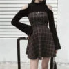 Gothic Grunge Triple Buckle Gray Plaid Tube Mini Dress EG092