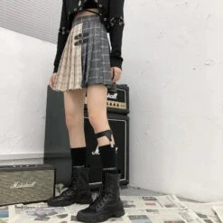 Gothic Grunge Two Tone Double Buckle Pleated Plaid Mini Skirt EG0371 -EgrilDoll Fashion Outlet Store gothic grunge two tone double buckle pleated plaid mini skirt eg0371 467