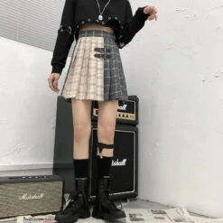 Gothic Grunge Two Tone Double Buckle Pleated Plaid Mini Skirt EG0371 -EgrilDoll Fashion Outlet Store gothic grunge two tone double buckle pleated plaid mini skirt eg0371 725