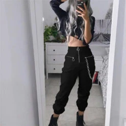 Gothic Grunge Zip Up Chain Jogger Pants EG14722