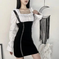 Gothic Harajuku Double Zipper Front Faux Leather Strap Underbust Skirt EG0392
