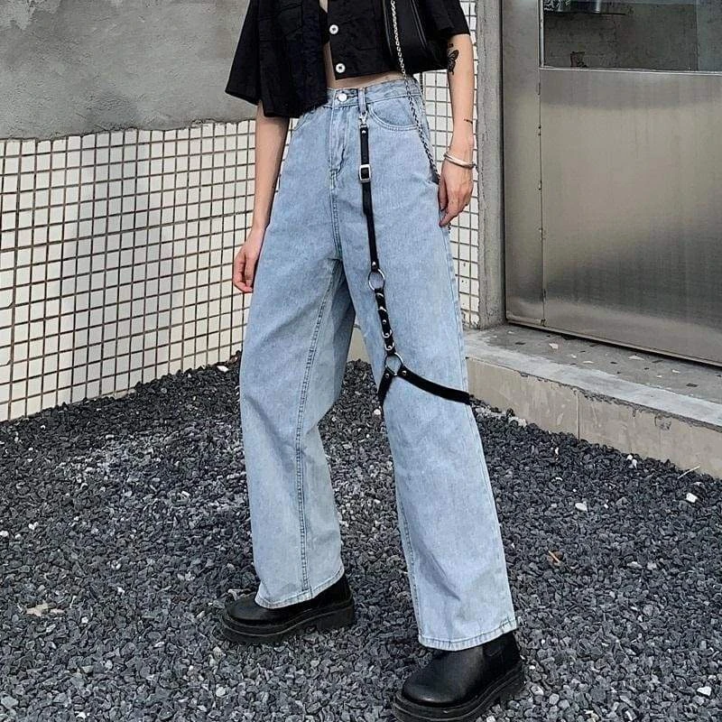 Gothic Harajuku Harness Wide Denim Pants GA088 1 Gothic Harajuku Harness Wide Denim Pants GA088