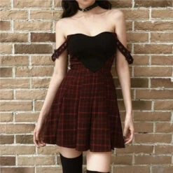 Gothic Harajuku Heart Patchwork Grommet Straps Plaid Mini Dress EG15016 -EgrilDoll Fashion Outlet Store gothic harajuku heart patchwork grommet straps plaid mini dress eg15016 822