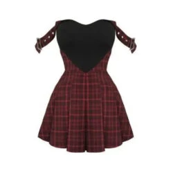 Gothic Harajuku Heart Patchwork Grommet Straps Plaid Mini Dress EG15016 -EgrilDoll Fashion Outlet Store gothic harajuku heart patchwork grommet straps plaid mini dress eg15016 red xs 921