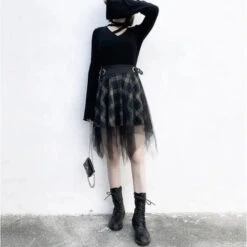 Gothic Harajuku Irregular Mesh Plaid Skirt EG0406 -EgrilDoll Fashion Outlet Store gothic harajuku irregular mesh plaid skirt eg0406 364