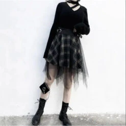 Gothic Harajuku Irregular Mesh Plaid Skirt EG0406 -EgrilDoll Fashion Outlet Store gothic harajuku irregular mesh plaid skirt eg0406 410